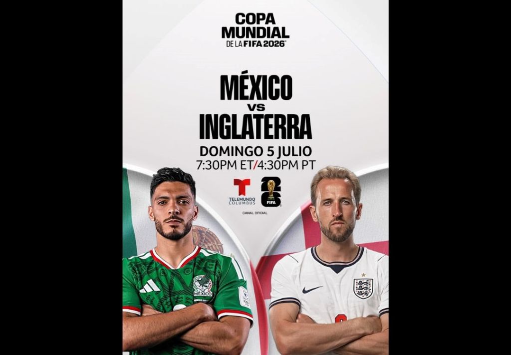 Promotional poster for a 2026 FIFA World Cup match between Mexico and England, featuring the team jerseys and logos.
